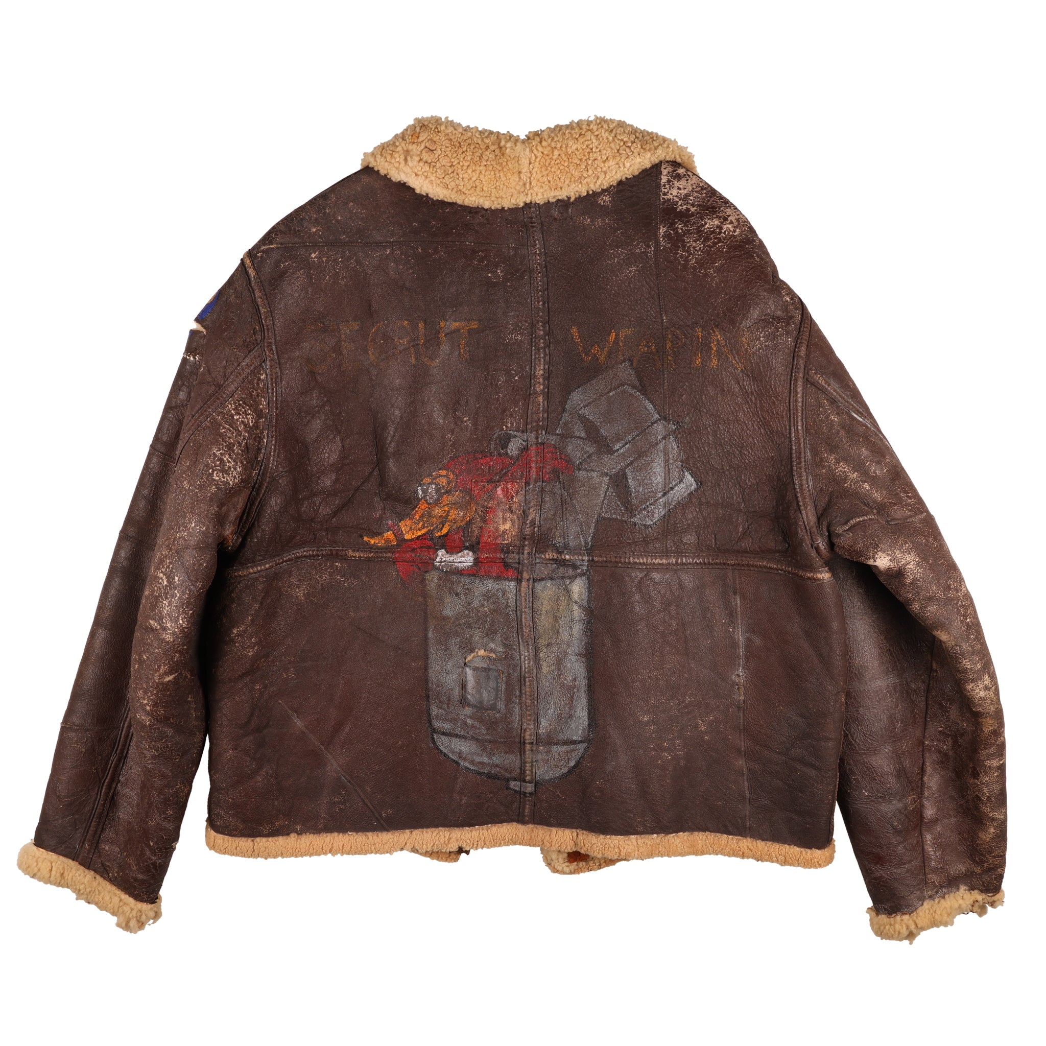 WWII USAAF Type D-1 Ground Crew Sheepskin Jacket by Werber Sportswear Co. with Hand Painted Secrut Weapin Nose Art (Size Medium)