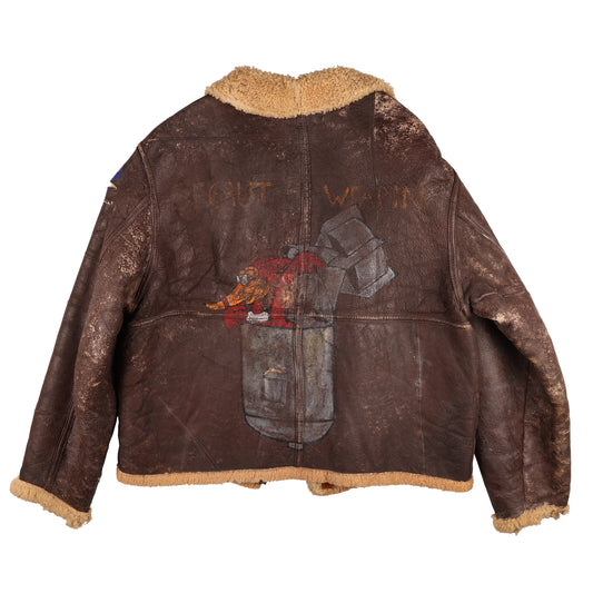 WWII USAAF Type D-1 Ground Crew Sheepskin Jacket by Werber Sportswear Co. with Hand Painted Secrut Weapin Nose Art (Size Medium)