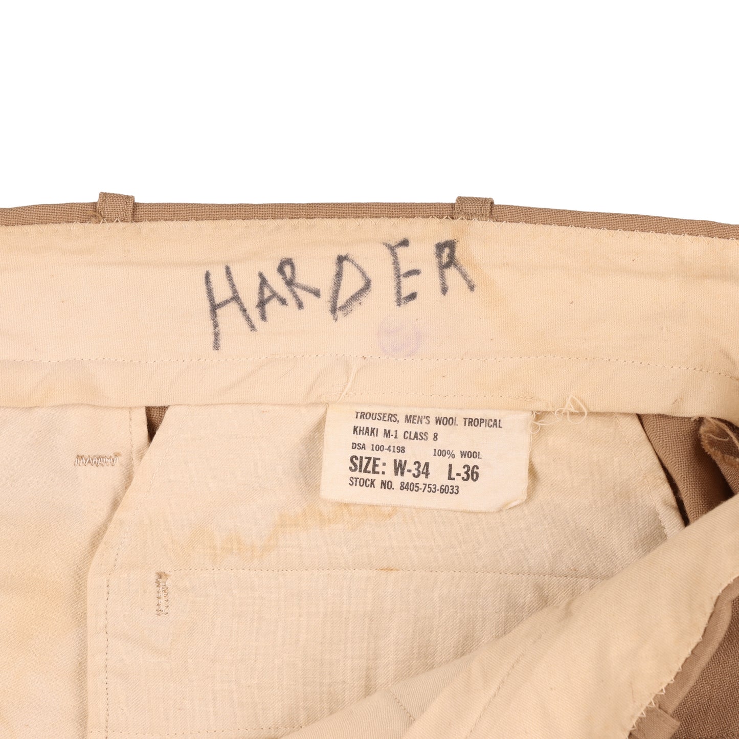 Vietnam War U.S. Army Enlisted Man's Khaki Wool Service Trousers Named to "HARDER" (Size 34 x 36)