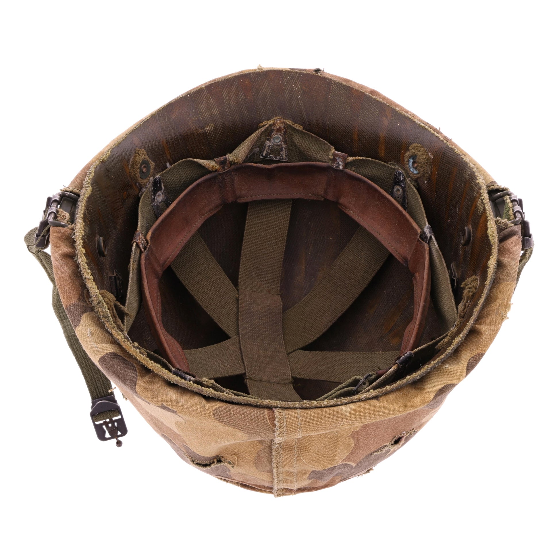 Vietnam War U.S. Ingersoll Swivel Loop M-1 Helmet & Liner Set with Camouflage Cover & Pvt.'s Rank Pin (1965-69)