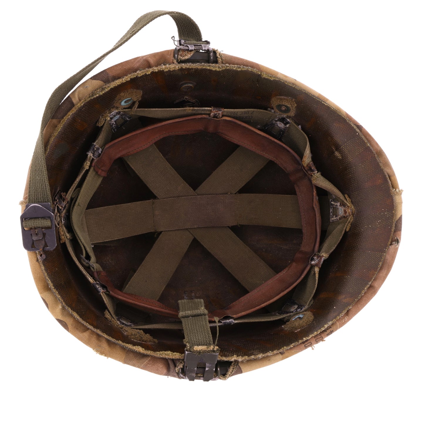 Vietnam War U.S. Ingersoll Swivel Loop M-1 Helmet & Liner Set with Camouflage Cover & Pvt.'s Rank Pin (1965-69)