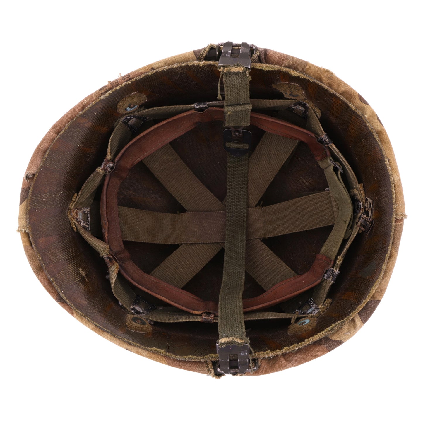 Vietnam War U.S. Ingersoll Swivel Loop M-1 Helmet & Liner Set with Camouflage Cover & Pvt.'s Rank Pin (1965-69)