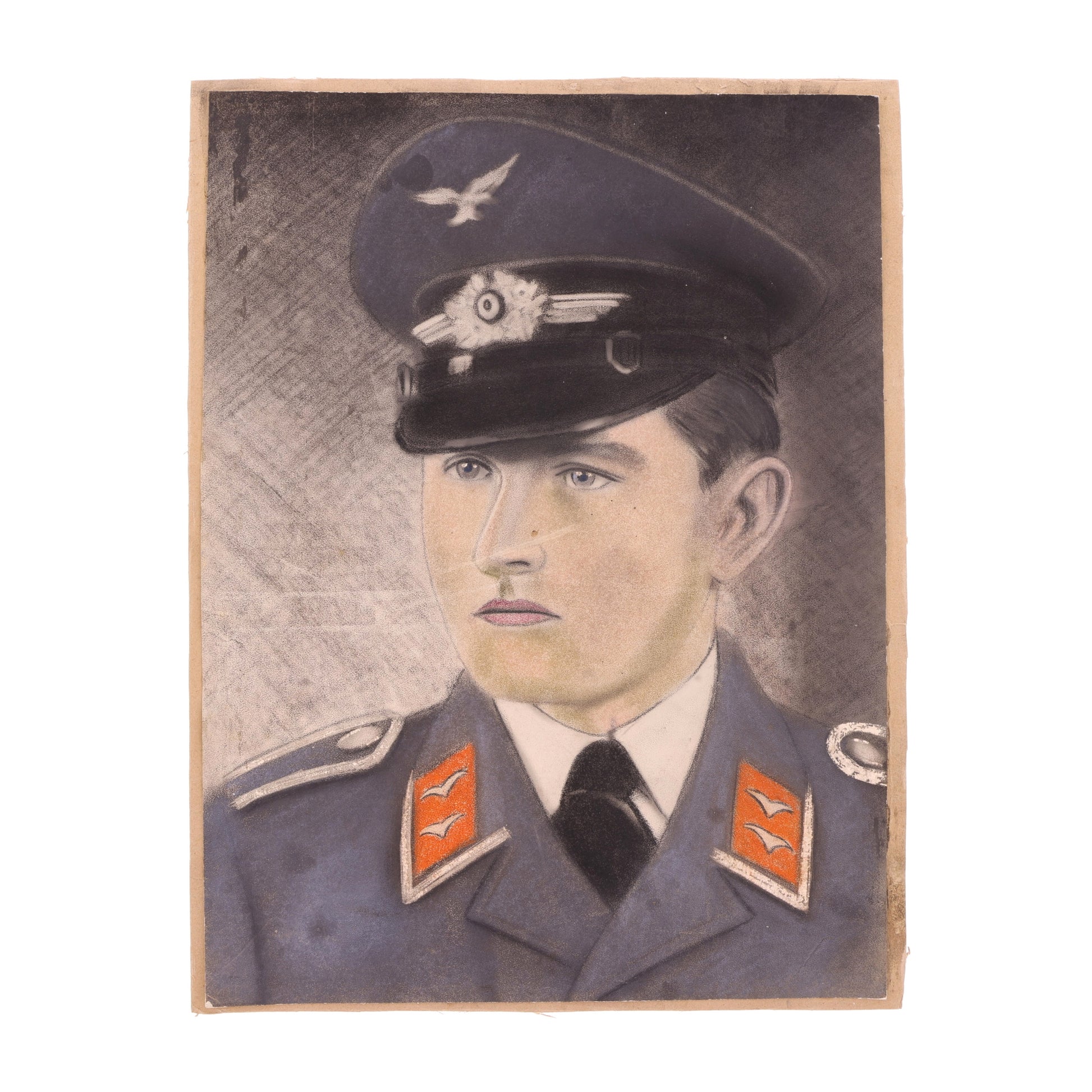 Portrait of a person in military uniform with a cap featuring insignia on a textured background