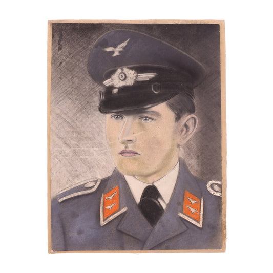 Portrait of a person in military uniform with a cap featuring insignia on a textured background