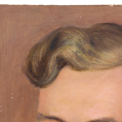 Close-up of a person's head with wavy hair on a brown background