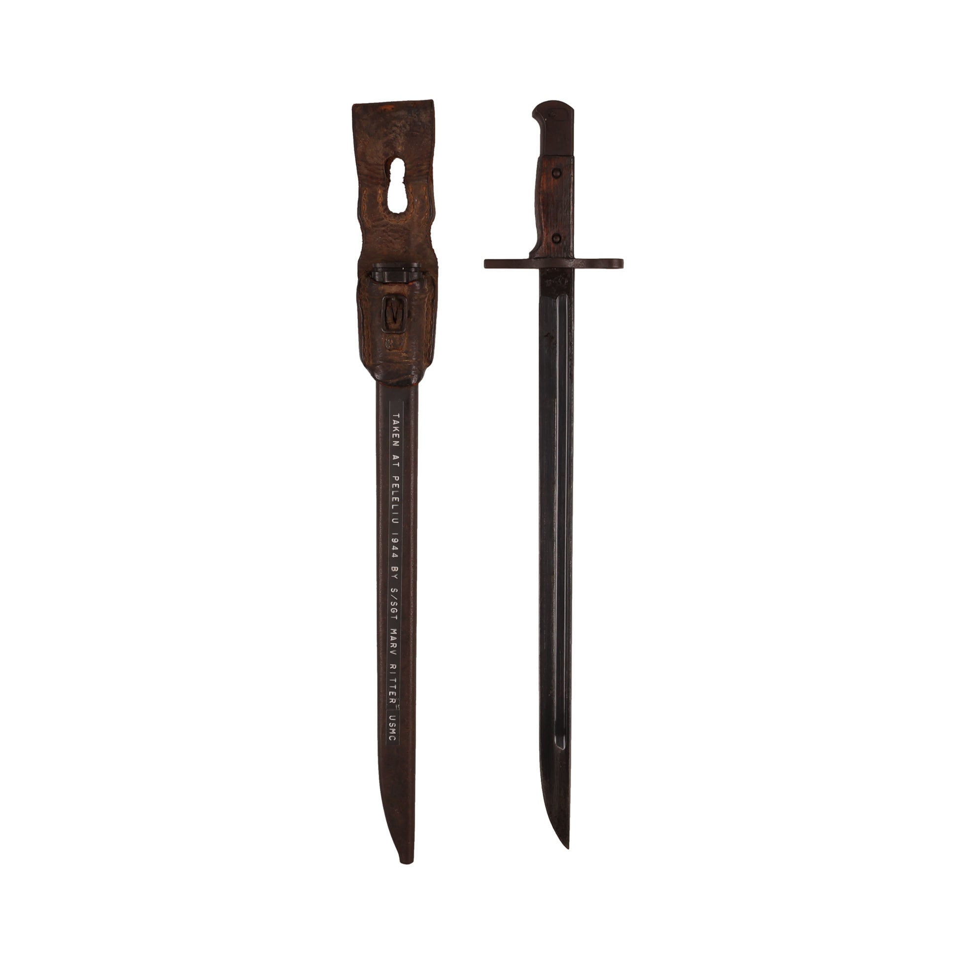 WWII Imperial Japanese Army Type 90 Helmet, 2 Type 30 Bayonets for Arisaka Type 99 Rifle, & First Class Private Rank Insignia Patch Recovered by S/Sgt. Marvin W. Ritter (USMC)