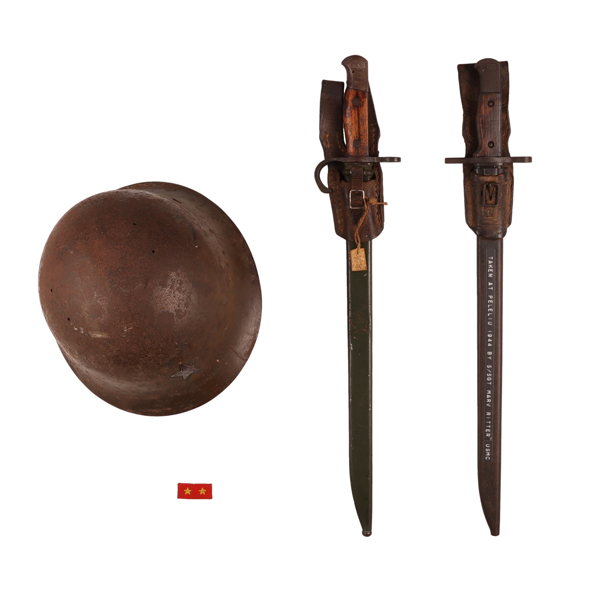 WWII Imperial Japanese Army Type 90 Helmet, 2 Type 30 Bayonets for Arisaka Type 99 Rifle, & First Class Private Rank Insignia Patch Recovered by S/Sgt. Marvin W. Ritter (USMC)