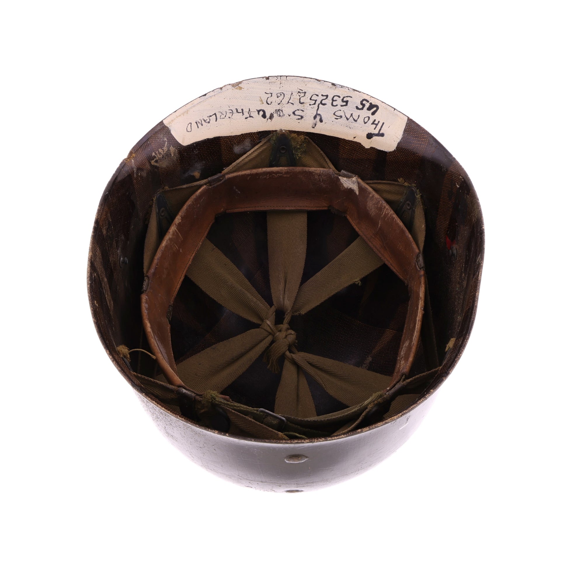 WWII U.S. 2nd Infantry Division Westinghouse M-1 Helmet Liner with Korean War Headband & Neckband Identified to Thomas Y. Southerland (1944-53)