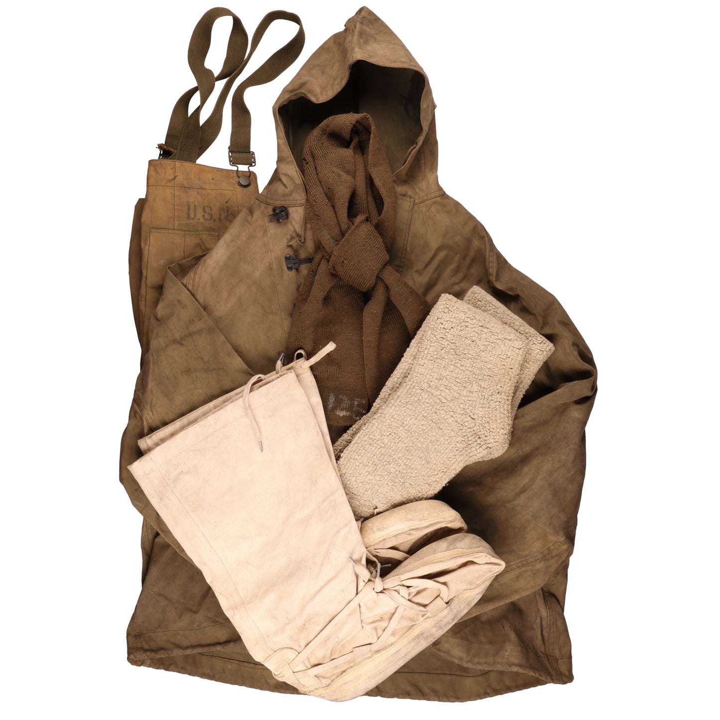 WWII U.S. Army Alaska Defense Command Wet Weather Parka, USN Coveralls, Wool Scarf, Socks, & Mukluks Attributed to Pete Mase