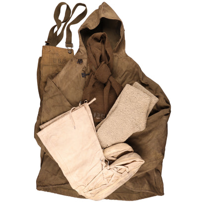 WWII U.S. Army Alaska Defense Command Wet Weather Parka, USN Coveralls, Wool Scarf, Socks, & Mukluks Attributed to Pete Mase