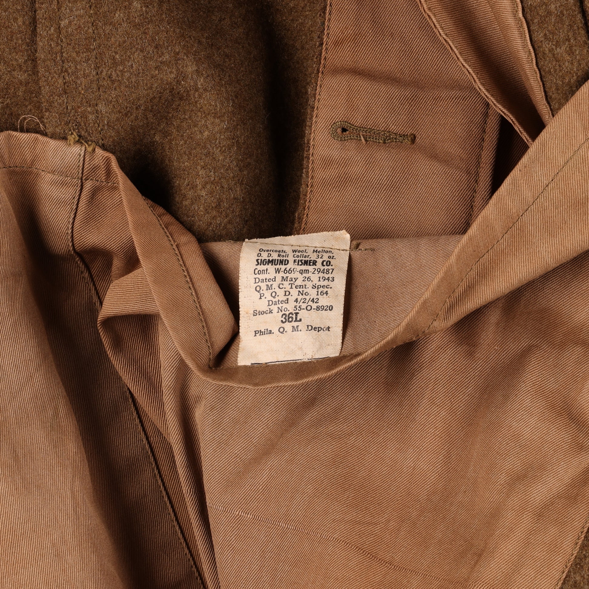 WWII U.S. Army Cpl.'s Wool Overcoat by Sigmund Eisner Co. Size 36L (1943)