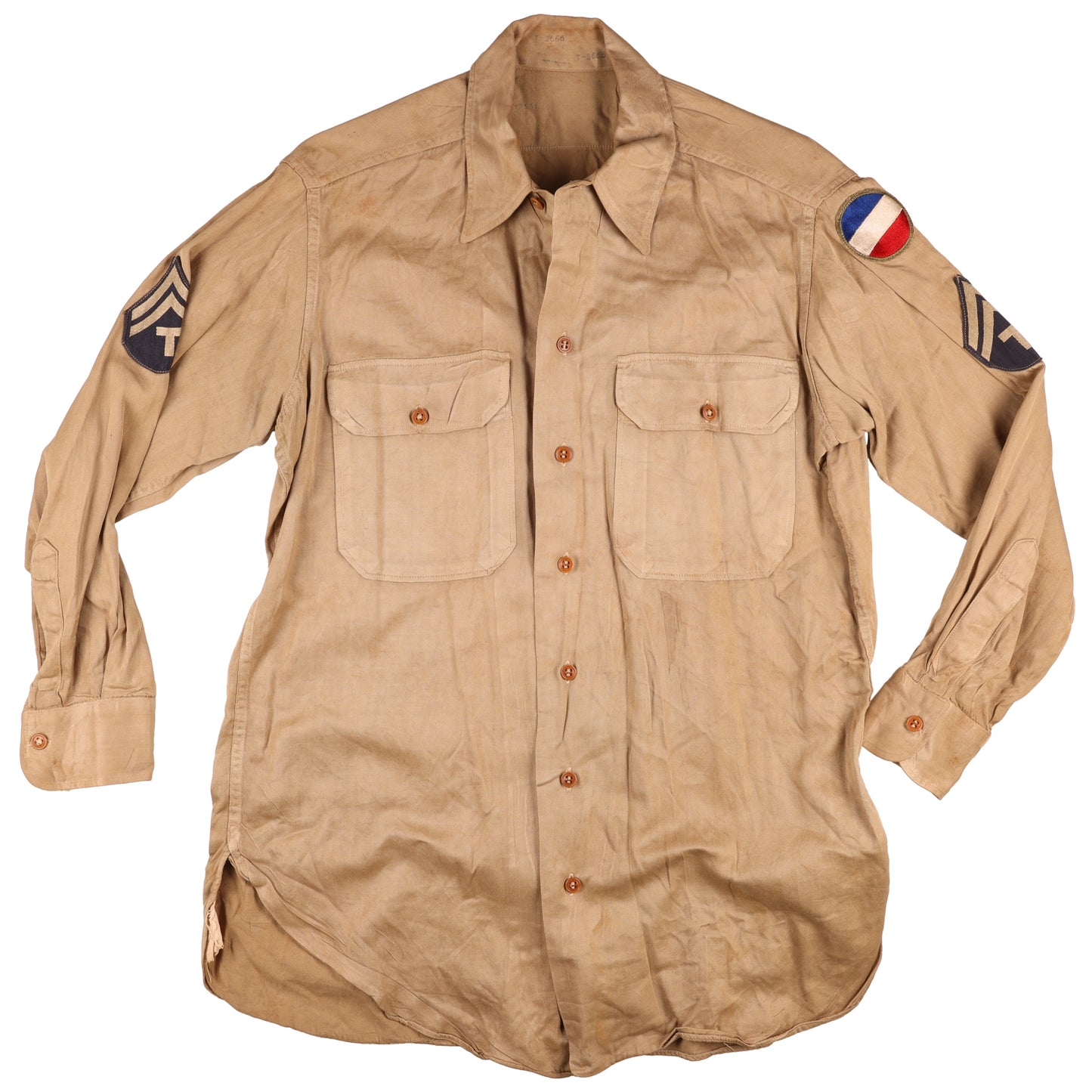 WWII U.S. Army Ground Forces T/5's Khaki Cotton Service Shirt Marked with Laundry Number