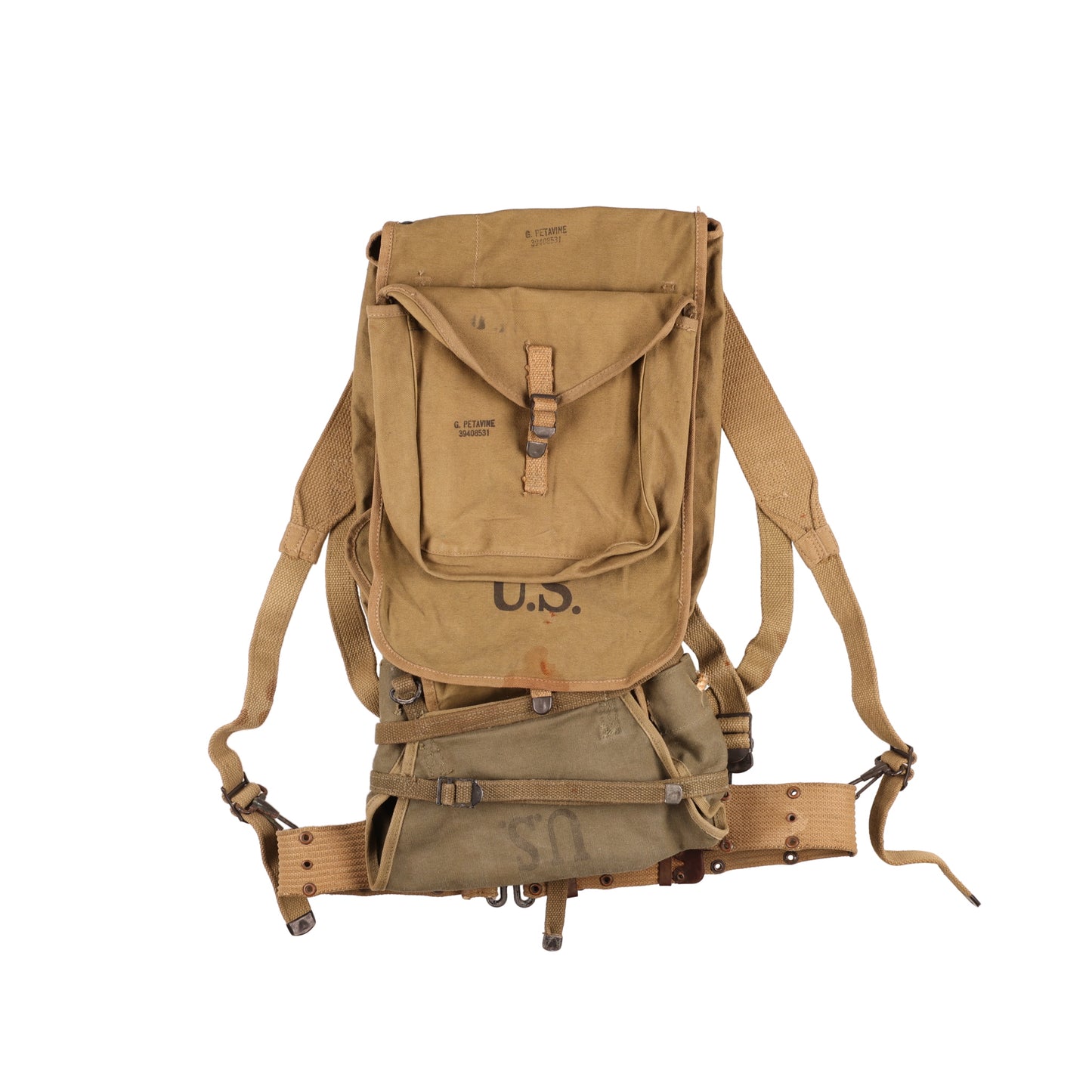 WWII U.S. Army M1928 Haversack by Baker-Lockwood Mfg. Co., Inc. with Pack Carrier & M1936 Pistol Belt Identified to George Petavine Jr. (1941)