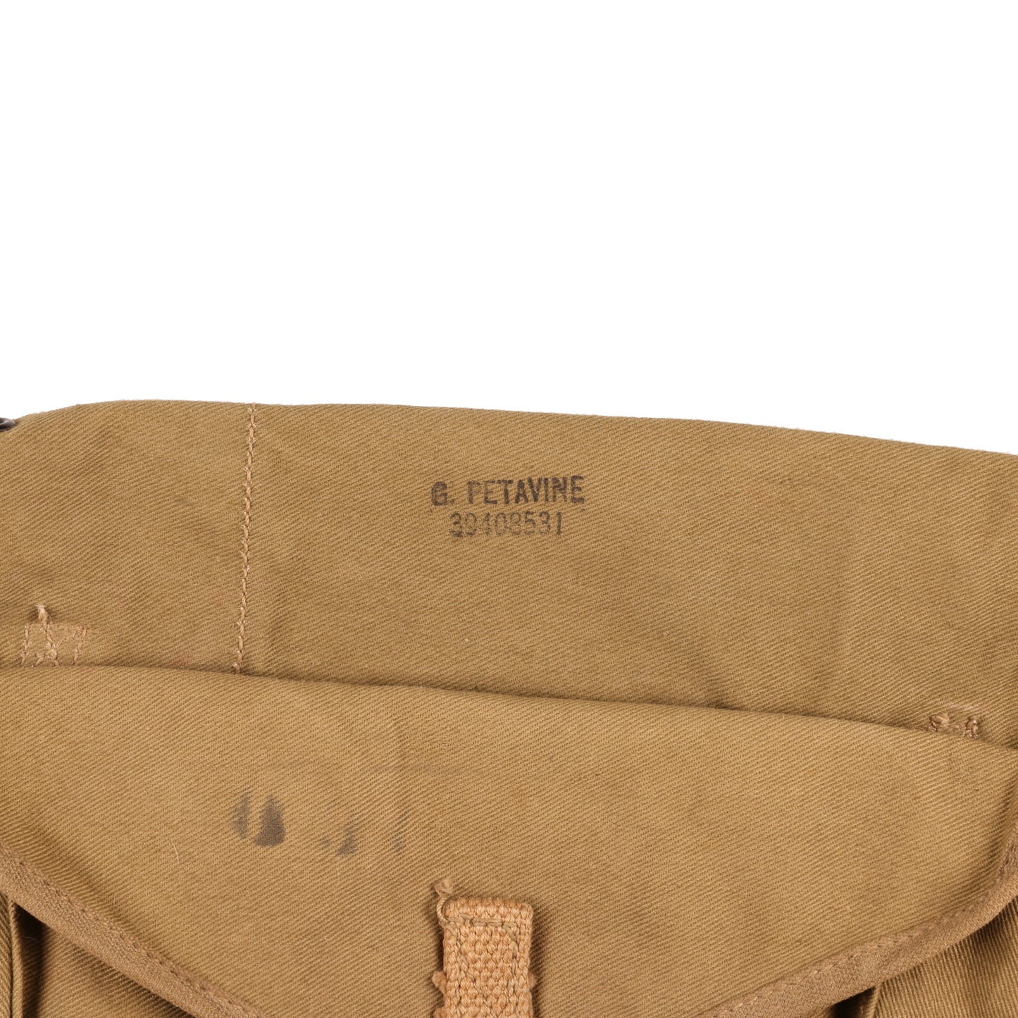 WWII U.S. Army M1928 Haversack by Baker-Lockwood Mfg. Co., Inc. with Pack Carrier & M1936 Pistol Belt Identified to George Petavine Jr. (1941)