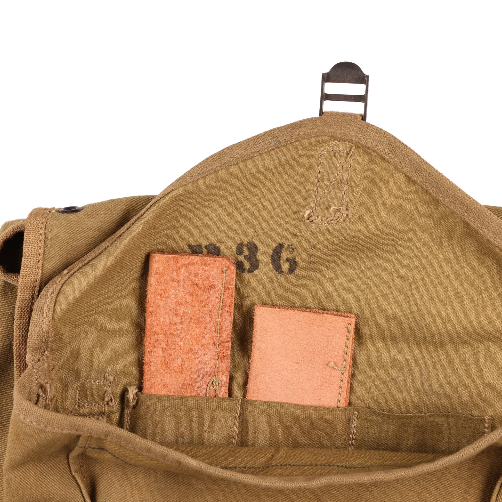 WWII U.S. Army M1928 Haversack by Baker-Lockwood Mfg. Co., Inc. with Pack Carrier & M1936 Pistol Belt Identified to George Petavine Jr. (1941)