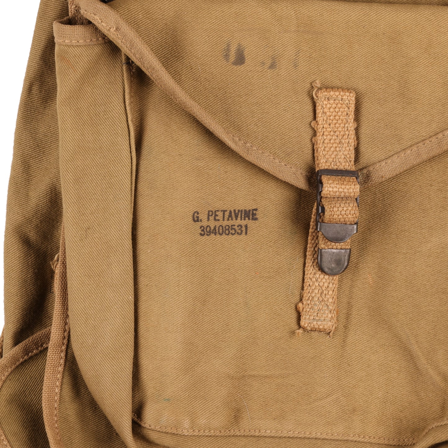 WWII U.S. Army M1928 Haversack by Baker-Lockwood Mfg. Co., Inc. with Pack Carrier & M1936 Pistol Belt Identified to George Petavine Jr. (1941)