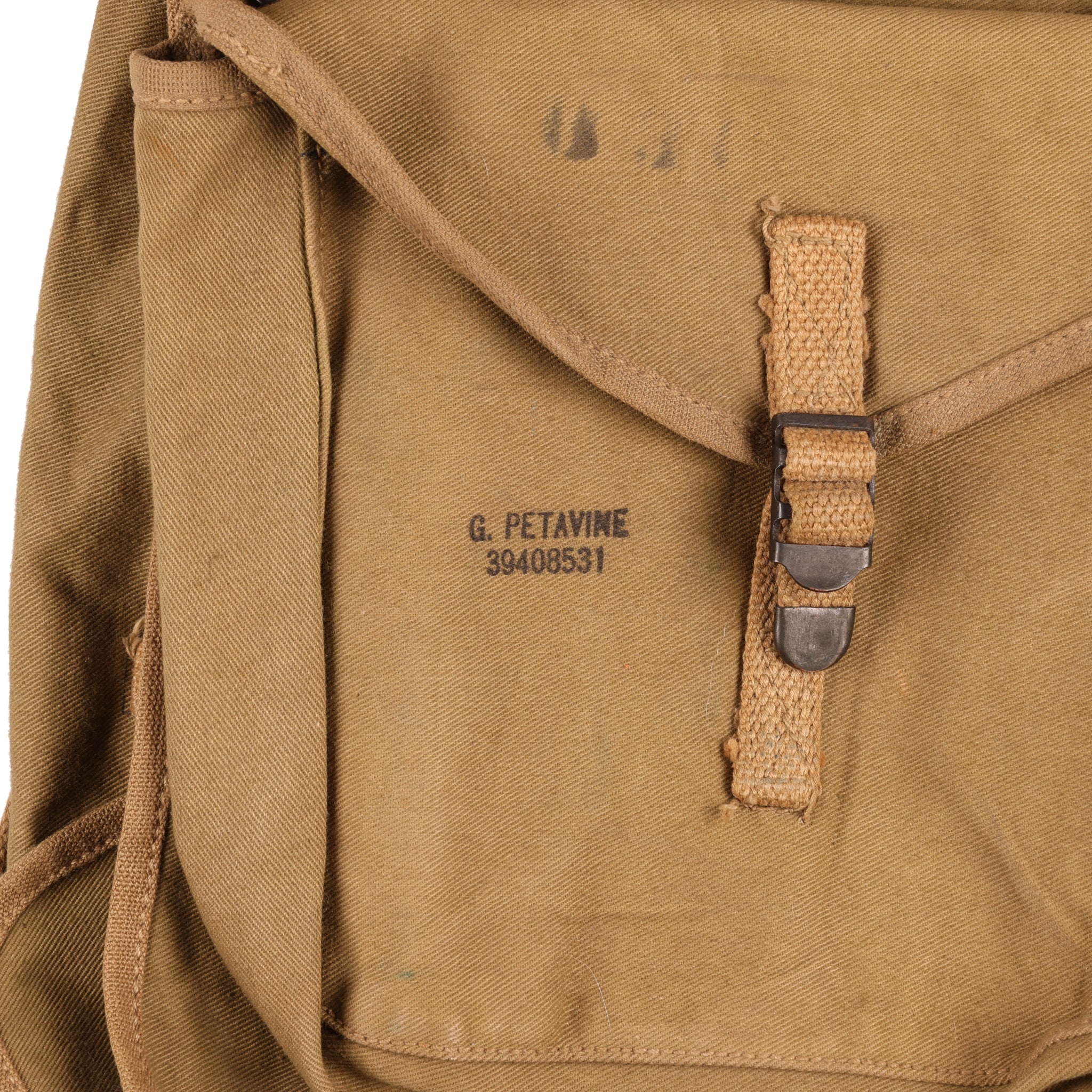 WWII U.S. Army M1928 Haversack by Baker-Lockwood Mfg. Co., Inc. with Pack Carrier & M1936 Pistol Belt Identified to George Petavine Jr. (1941)