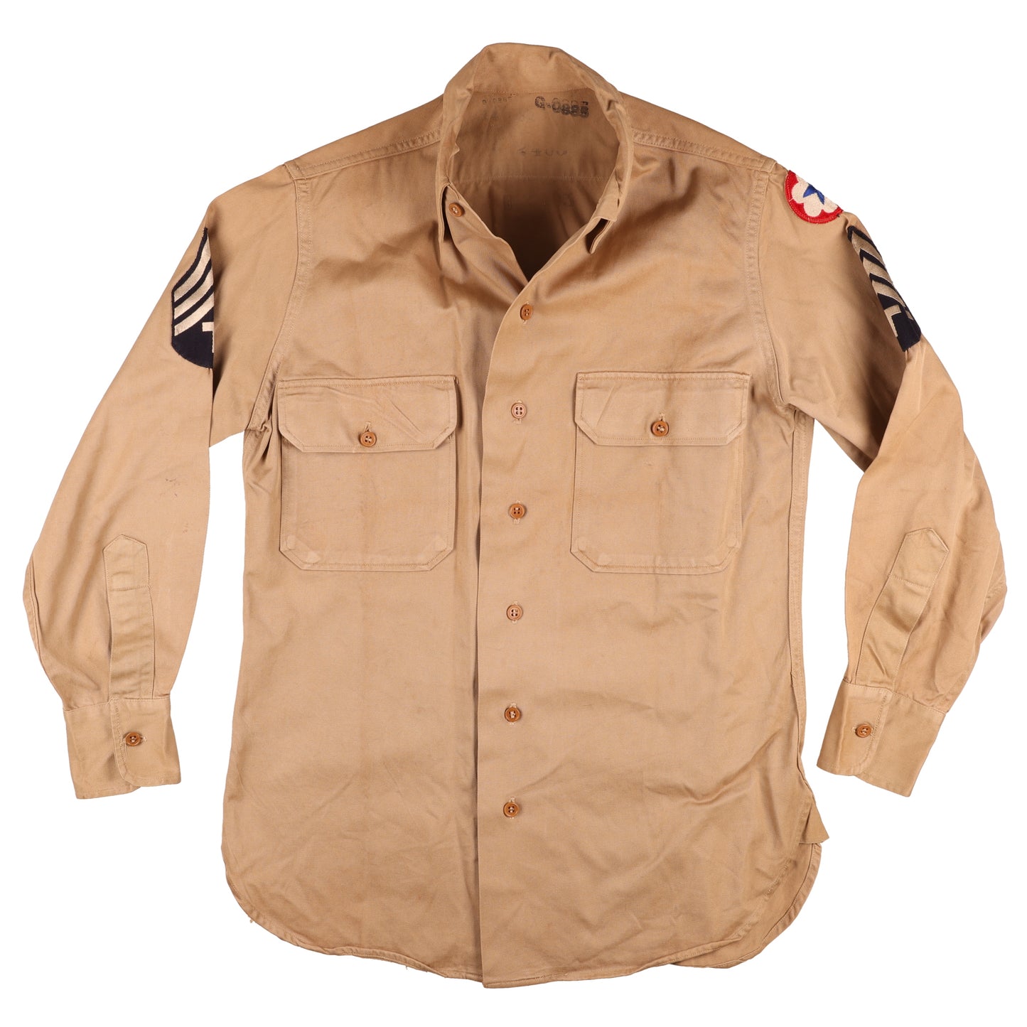 WWII U.S. Army Service Forces T/Sgt.'s Khaki Cotton Service Shirt Marked with Laundry Numbers (Size 14 x 32)