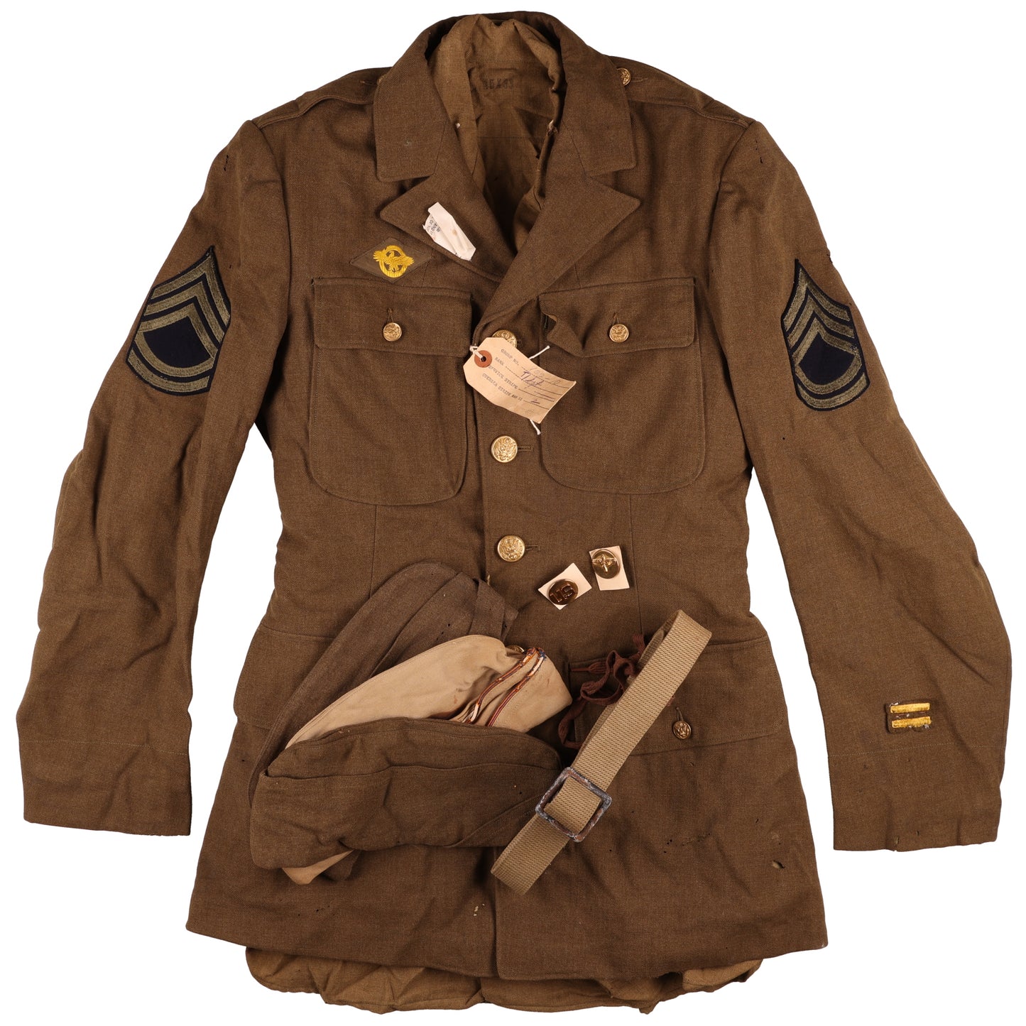 WWII USAAF Wool Service Jacket, M37 Wool Service Shirt, Garrison Caps, Trousers Belt, & Collar Discs Attributed to T/Sgt. William T. Alexander