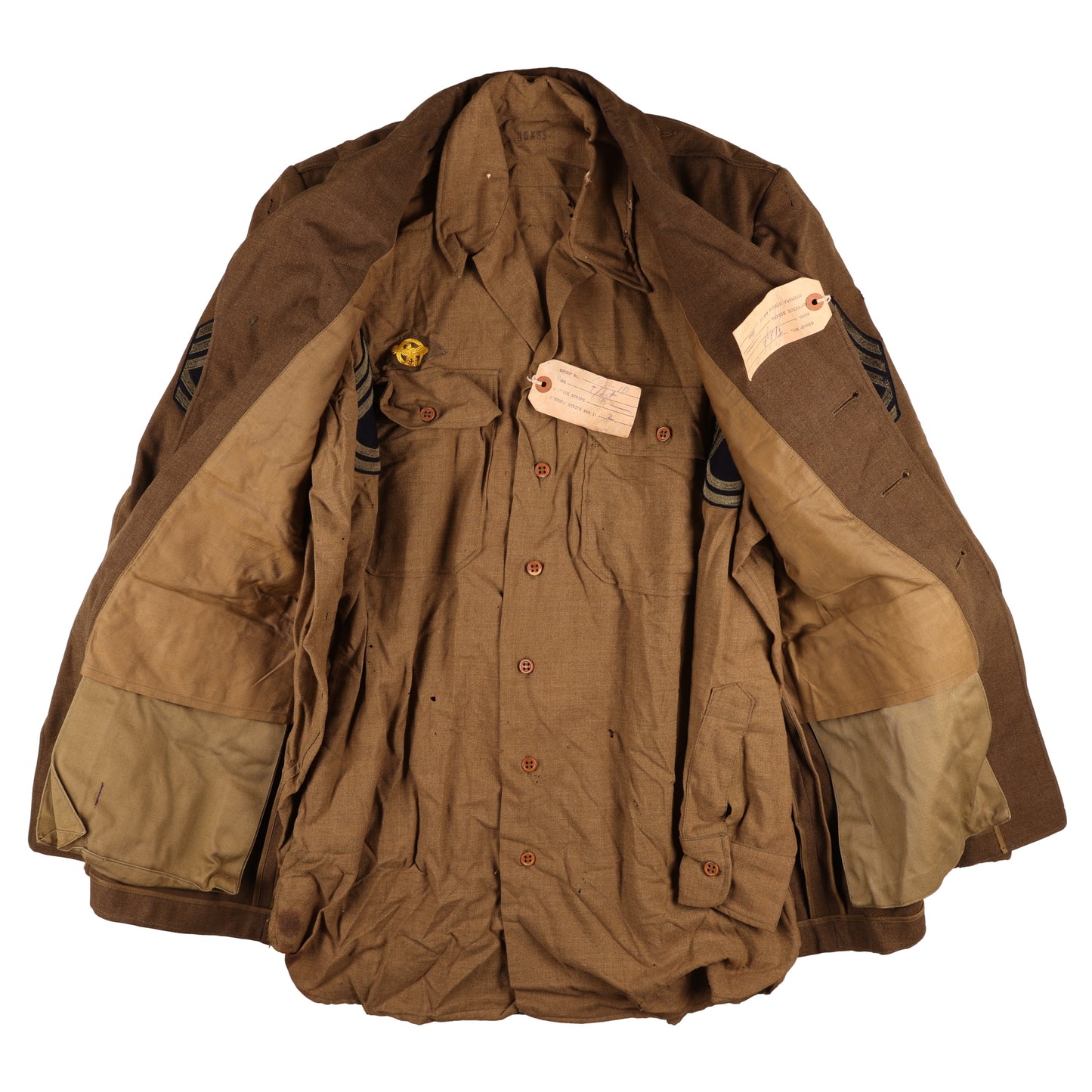WWII USAAF Wool Service Jacket, M37 Wool Service Shirt, Garrison Caps, Trousers Belt, & Collar Discs Attributed to T/Sgt. William T. Alexander