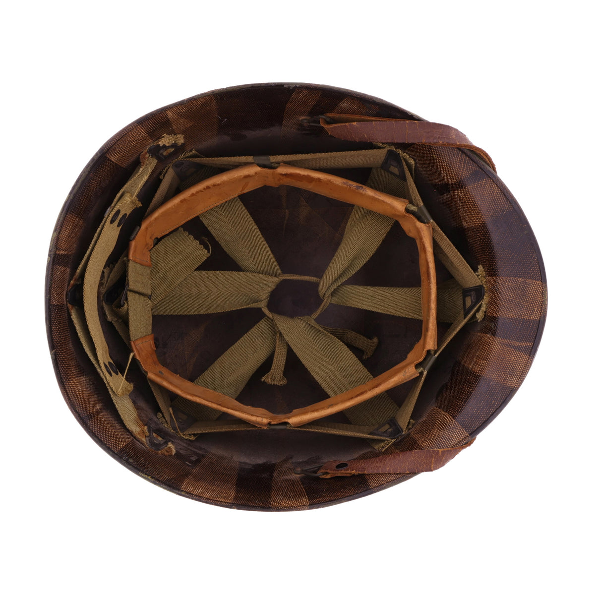 WWII U.S. Camouflage Painted Westinghouse M-1 Helmet Liner with Headband, Neckband & Leather Chinstrap (1944-45)