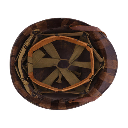 WWII U.S. Camouflage Painted Westinghouse M-1 Helmet Liner with Headband, Neckband & Leather Chinstrap (1944-45)
