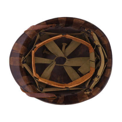 WWII U.S. Camouflage Painted Westinghouse M-1 Helmet Liner with Headband, Neckband & Leather Chinstrap (1944-45)