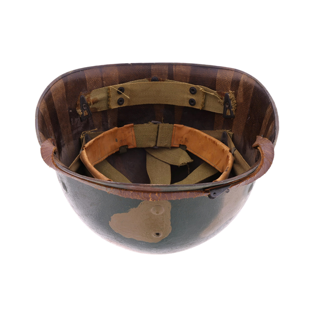 WWII U.S. Camouflage Painted Westinghouse M-1 Helmet Liner with Headband, Neckband & Leather Chinstrap (1944-45)