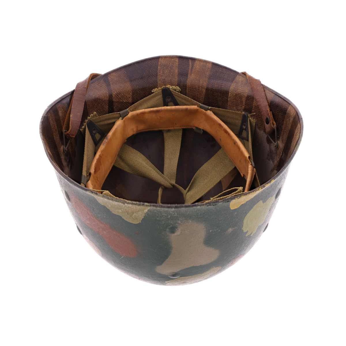 WWII U.S. Camouflage Painted Westinghouse M-1 Helmet Liner with Headband, Neckband & Leather Chinstrap (1944-45)
