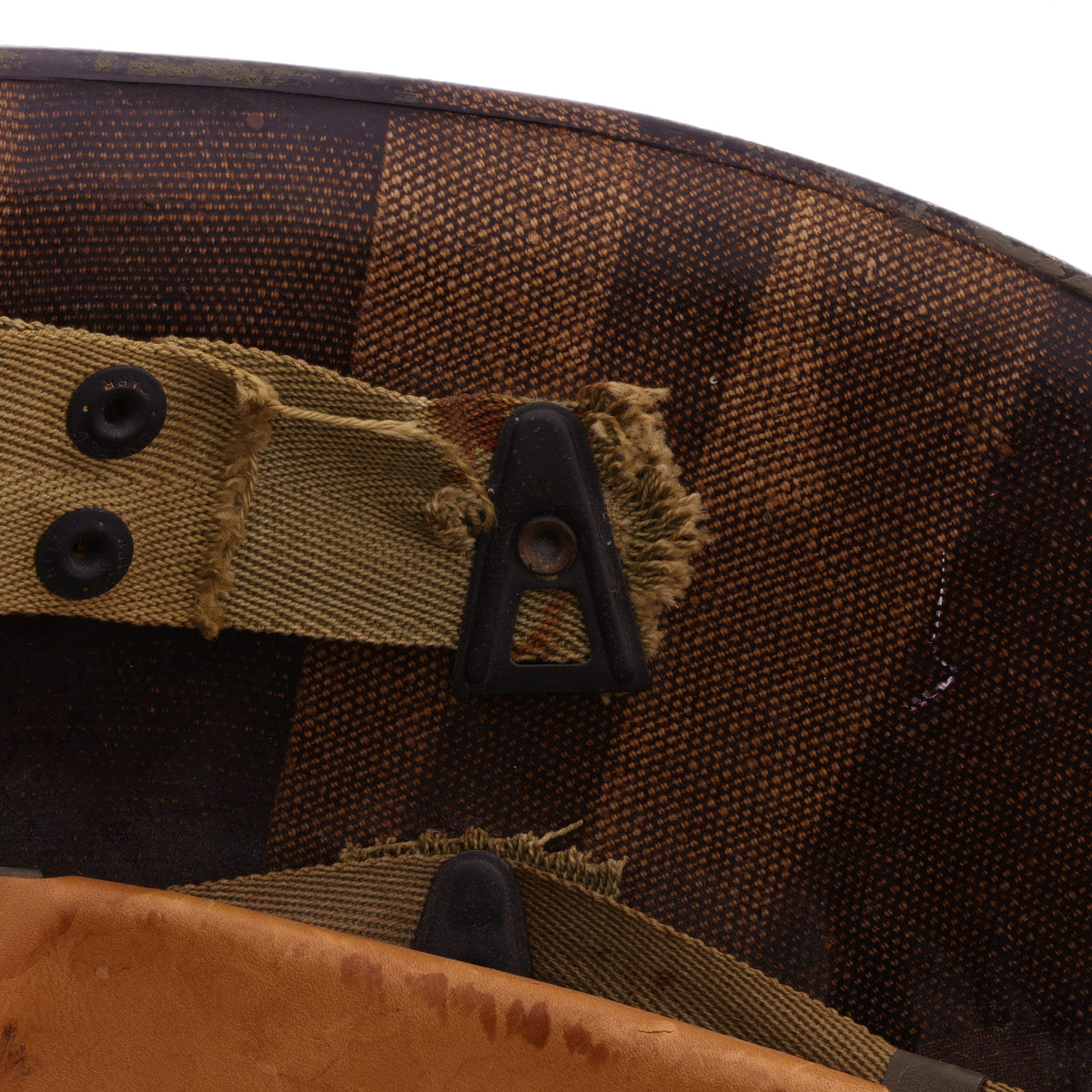 WWII U.S. Camouflage Painted Westinghouse M-1 Helmet Liner with Headband, Neckband & Leather Chinstrap (1944-45)