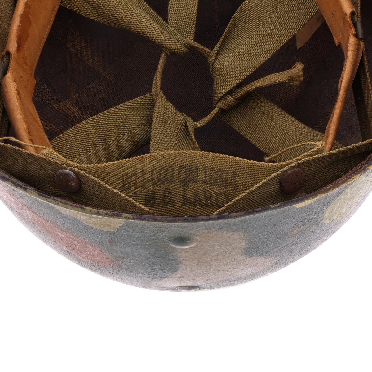 WWII U.S. Camouflage Painted Westinghouse M-1 Helmet Liner with Headband, Neckband & Leather Chinstrap (1944-45)