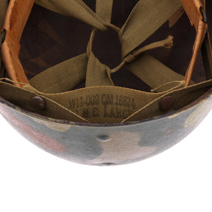 WWII U.S. Camouflage Painted Westinghouse M-1 Helmet Liner with Headband, Neckband & Leather Chinstrap (1944-45)