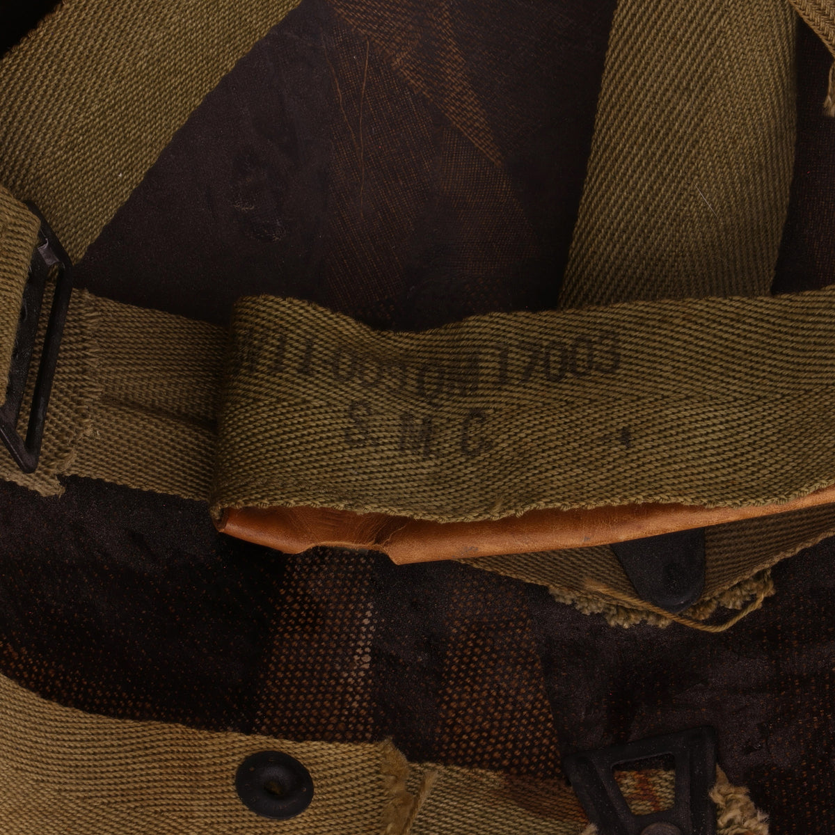 WWII U.S. Camouflage Painted Westinghouse M-1 Helmet Liner with Headband, Neckband & Leather Chinstrap (1944-45)