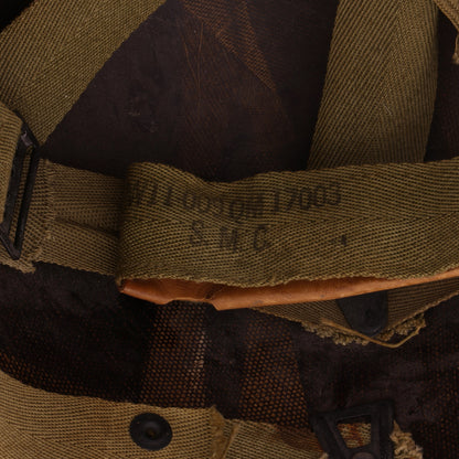 WWII U.S. Camouflage Painted Westinghouse M-1 Helmet Liner with Headband, Neckband & Leather Chinstrap (1944-45)