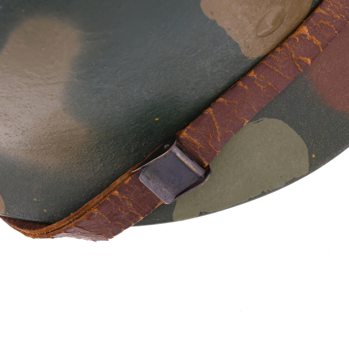 WWII U.S. Camouflage Painted Westinghouse M-1 Helmet Liner with Headband, Neckband & Leather Chinstrap (1944-45)