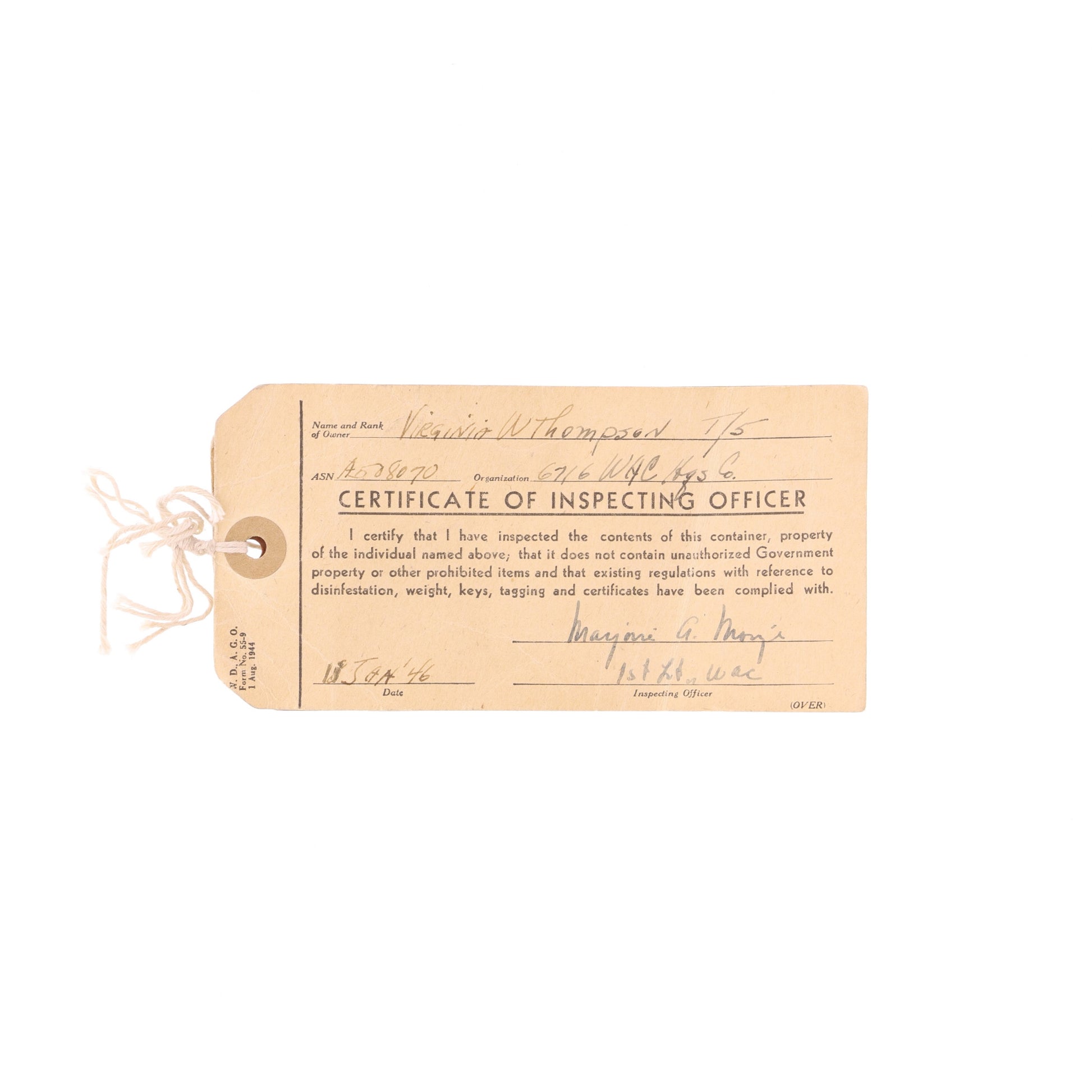 WWII U.S. Women's Army Corps (WAC) Footlocker Tags Identified to T/5 Virginia W. Thompson