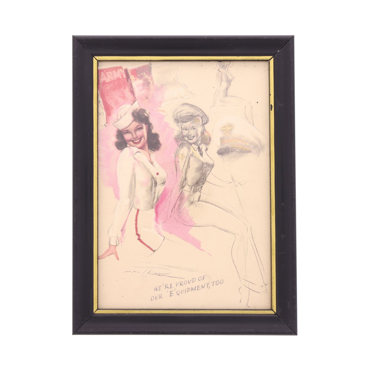 WWII U.S. Framed Page from Artist's Sketch Pad Calendar with Pin-Up Girl Artwork by Earl Macpherson (March 1944)