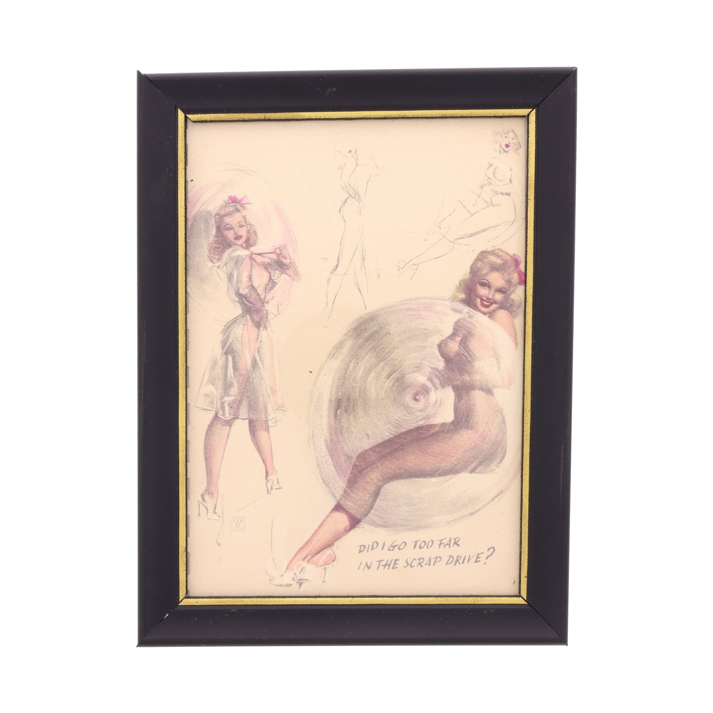 WWII U.S. Framed Page from Artist's Sketch Pad Calendar with Pin-Up Girl Artwork by Earl Macpherson (April 1944)