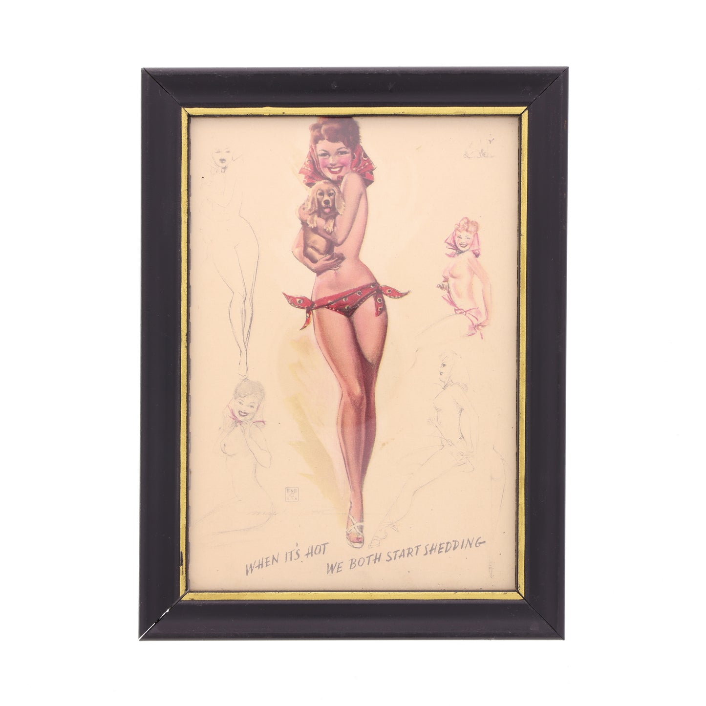 WWII U.S. Framed Page from Artist's Sketch Pad Calendar with Pin-Up Girl Artwork by Earl Macpherson (July 1944)