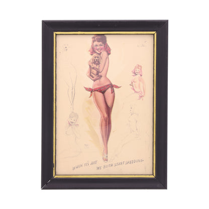 WWII U.S. Framed Page from Artist's Sketch Pad Calendar with Pin-Up Girl Artwork by Earl Macpherson (July 1944)