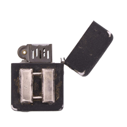 WWII U.S. Matawan "Wind-Master" Lighter with Black Crackle Finish & Sterling Silver Capt.'s Rank Pin Identified to Capt. Marcella V. Brandyberry