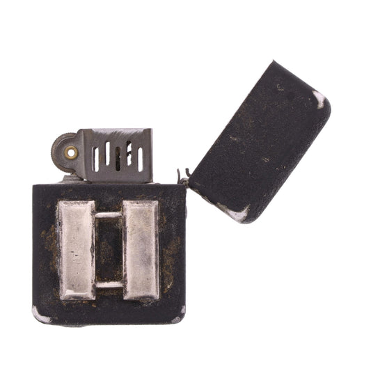 WWII U.S. Matawan "Wind-Master" Lighter with Black Crackle Finish & Sterling Silver Capt.'s Rank Pin Identified to Capt. Marcella V. Brandyberry