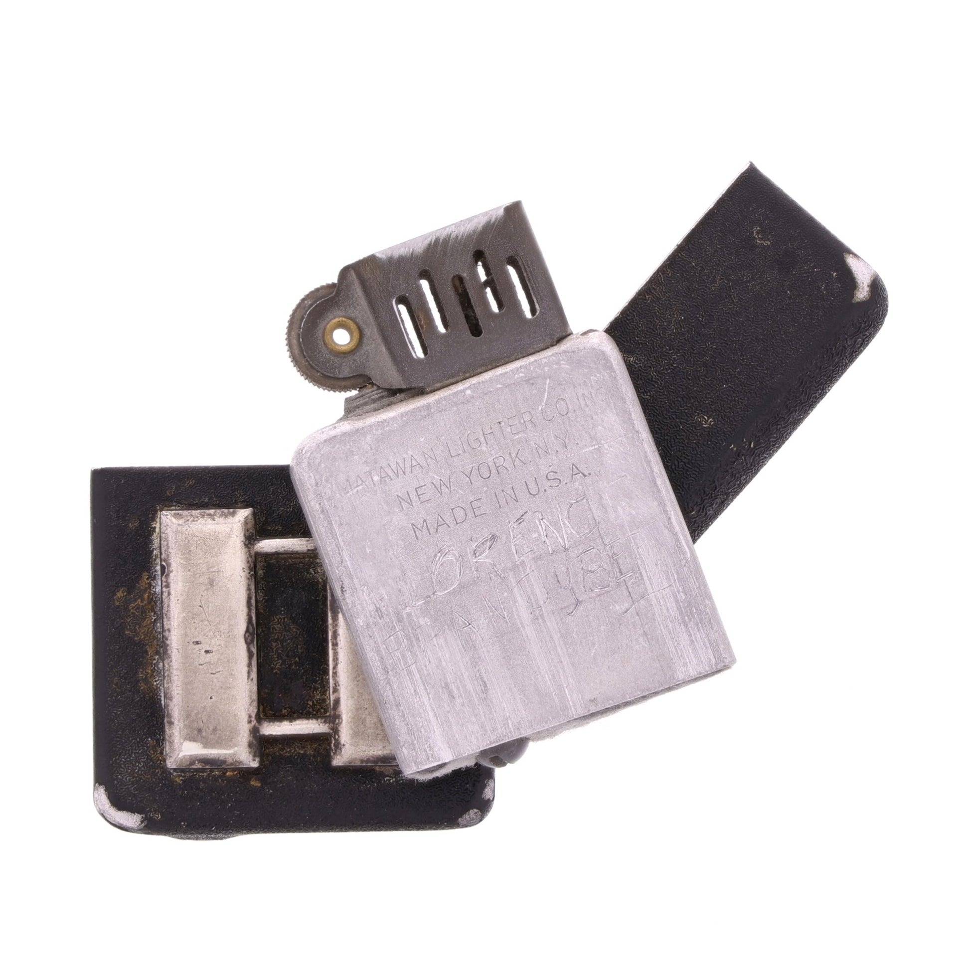 WWII U.S. Matawan "Wind-Master" Lighter with Black Crackle Finish & Sterling Silver Capt.'s Rank Pin Identified to Capt. Marcella V. Brandyberry