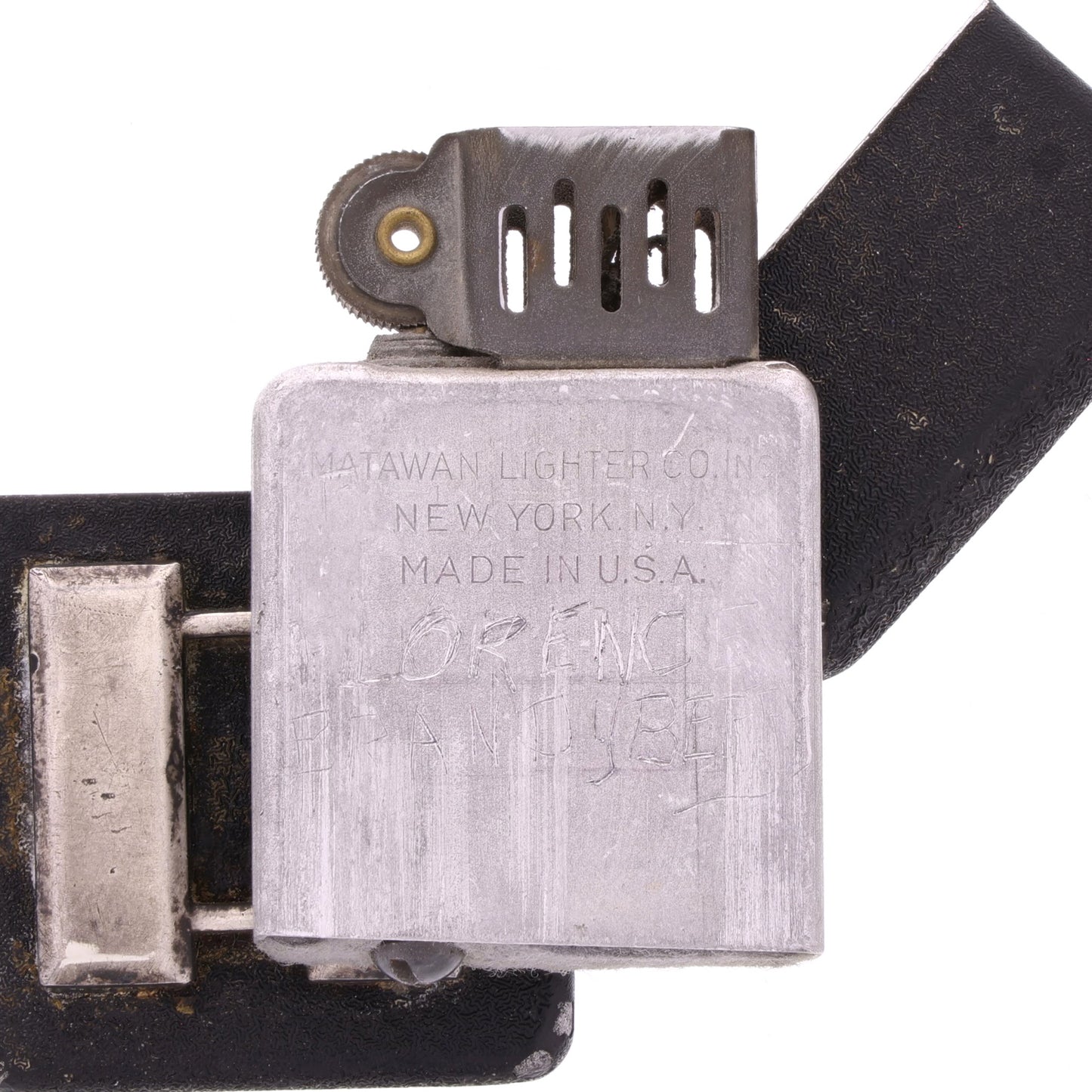 WWII U.S. Matawan "Wind-Master" Lighter with Black Crackle Finish & Sterling Silver Capt.'s Rank Pin Identified to Capt. Marcella V. Brandyberry