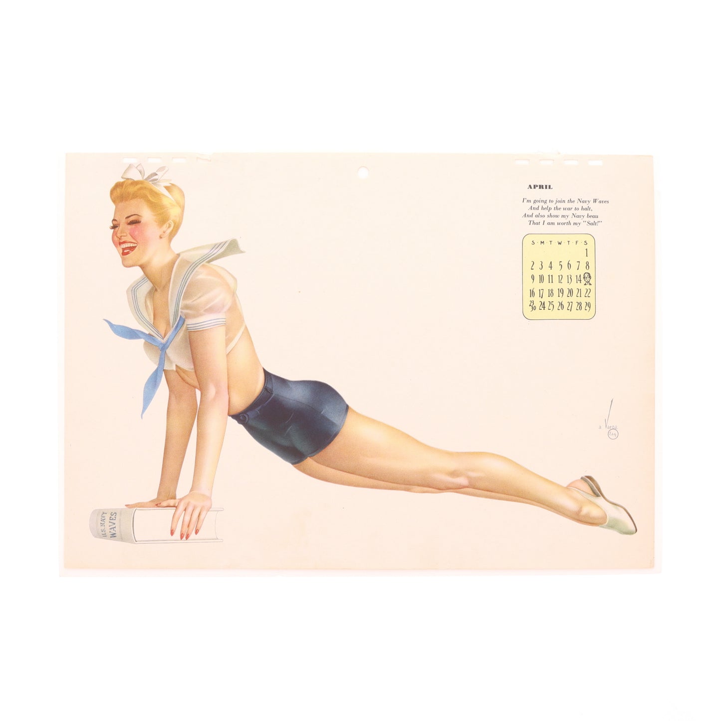 WWII U.S. Esquire Calendar Page with Pin-Up Girl Artwork by Alberto Vargas (April 1943)