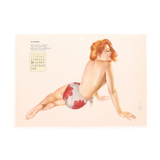 WWII U.S. Esquire Calendar Page with Pin-Up Girl Artwork by Alberto Vargas (October 1943)