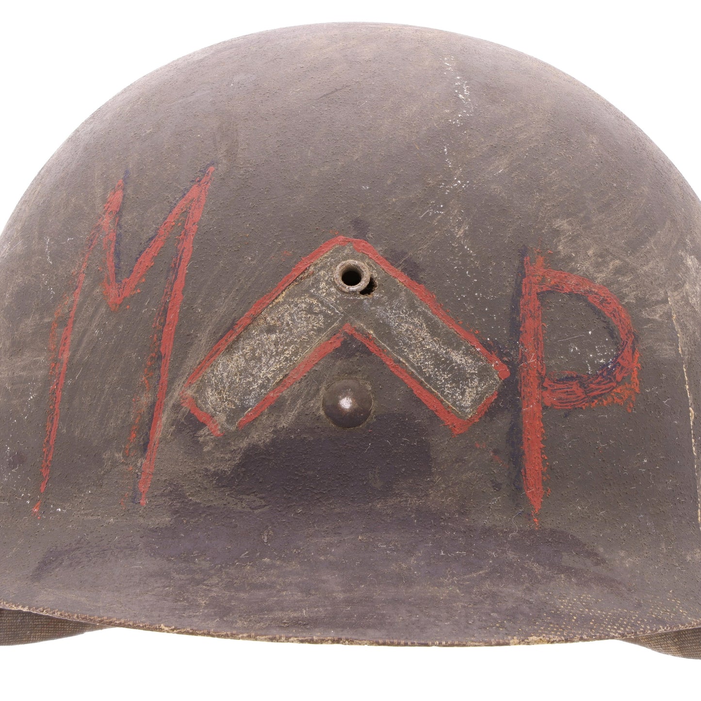 WWII U.S. St. Clair M-1 Helmet Liner with Painted Military Police Insignia & Pvt.'s Rank (1942)