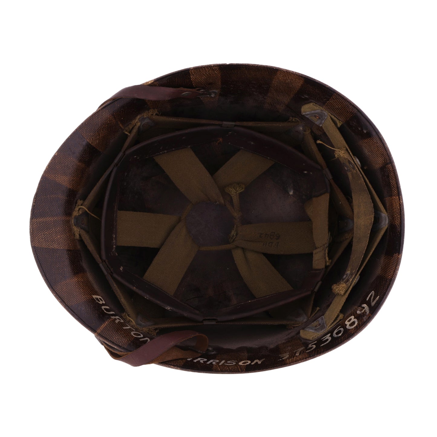 WWII U.S. Westinghouse M-1 Helmet Liner with Headband, Neckband & Leather Chinstrap Identified to Pvt. Burton D. Harrison (1942)