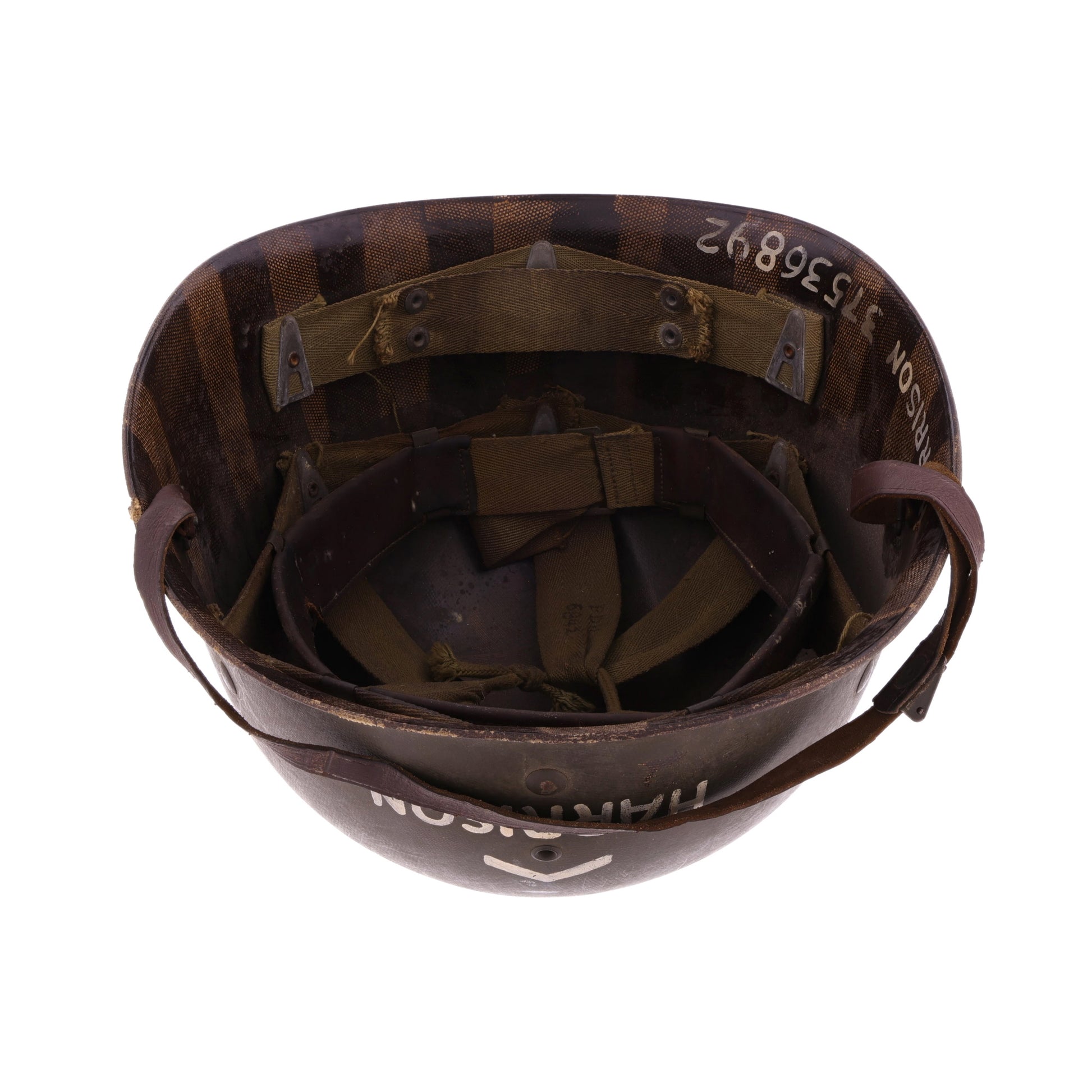 WWII U.S. Westinghouse M-1 Helmet Liner with Headband, Neckband & Leather Chinstrap Identified to Pvt. Burton D. Harrison (1942)