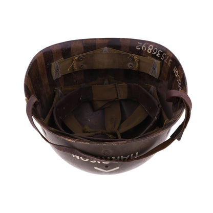 WWII U.S. Westinghouse M-1 Helmet Liner with Headband, Neckband & Leather Chinstrap Identified to Pvt. Burton D. Harrison (1942)